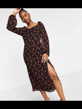 Missguided Black Midi Dress with Red Floral Print and Side Slit